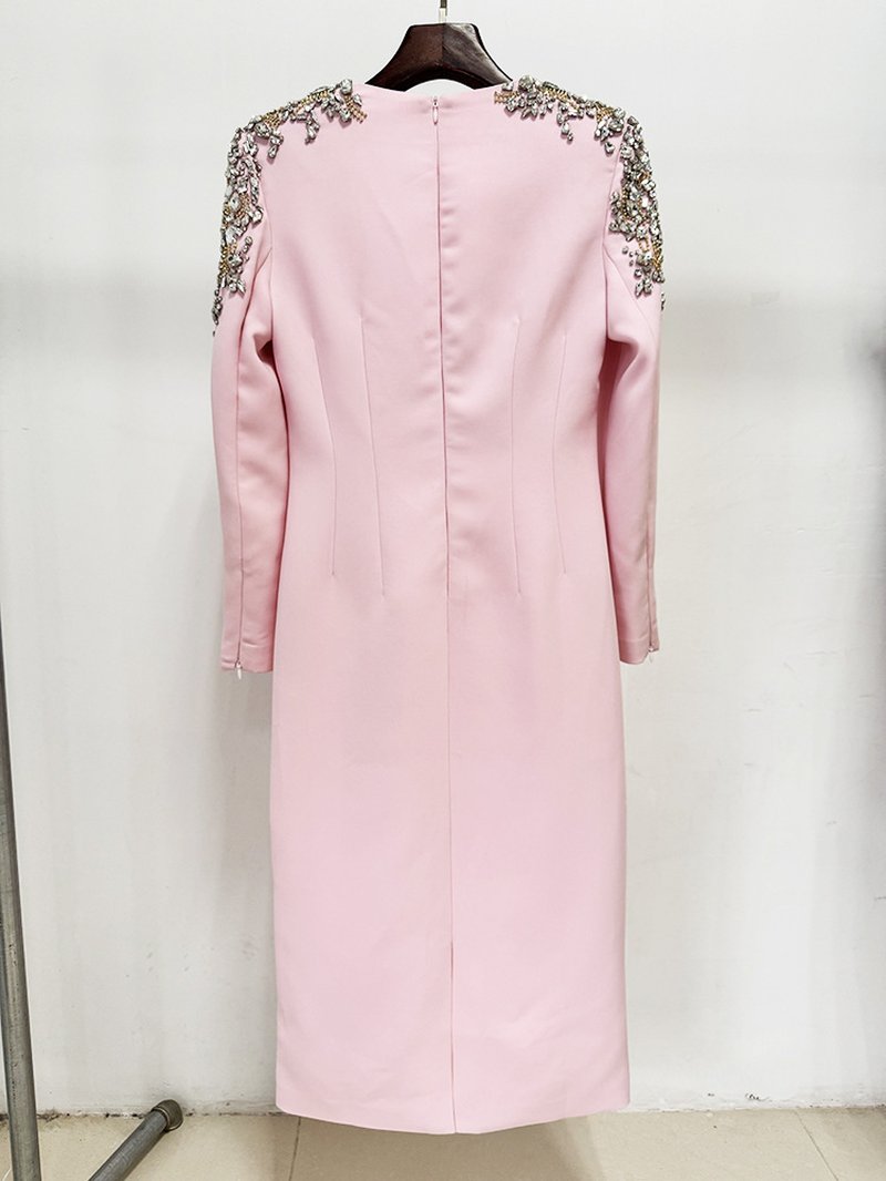 Pink Embellished Shoulder Midi Dress H6744