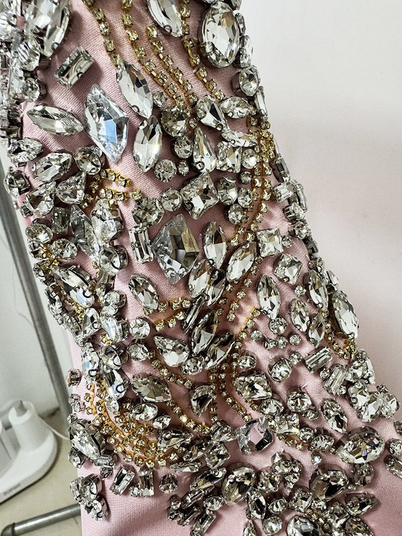 Pink Embellished Shoulder Midi Dress H6744