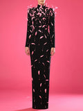 Pink Feather Embellished Black Maxi Dress H6771
