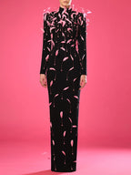 Pink Feather Embellished Black Maxi Dress H6771