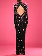 Pink Feather Embellished Black Maxi Dress H6771