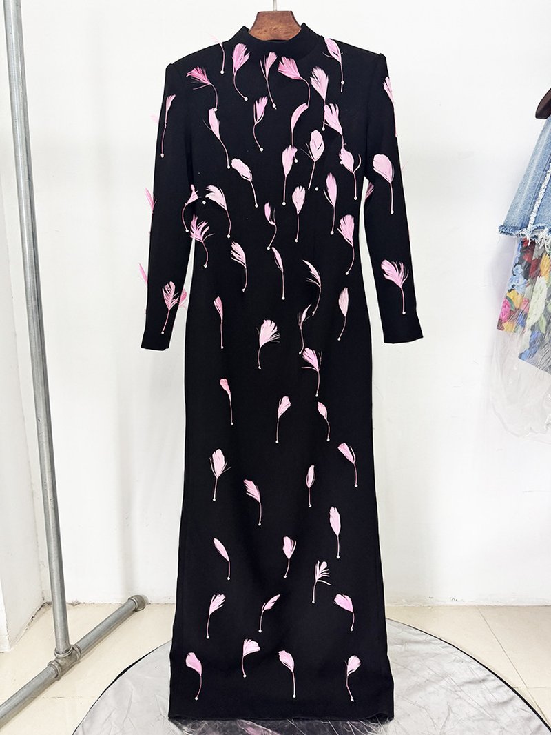 Pink Feather Embellished Black Maxi Dress H6771