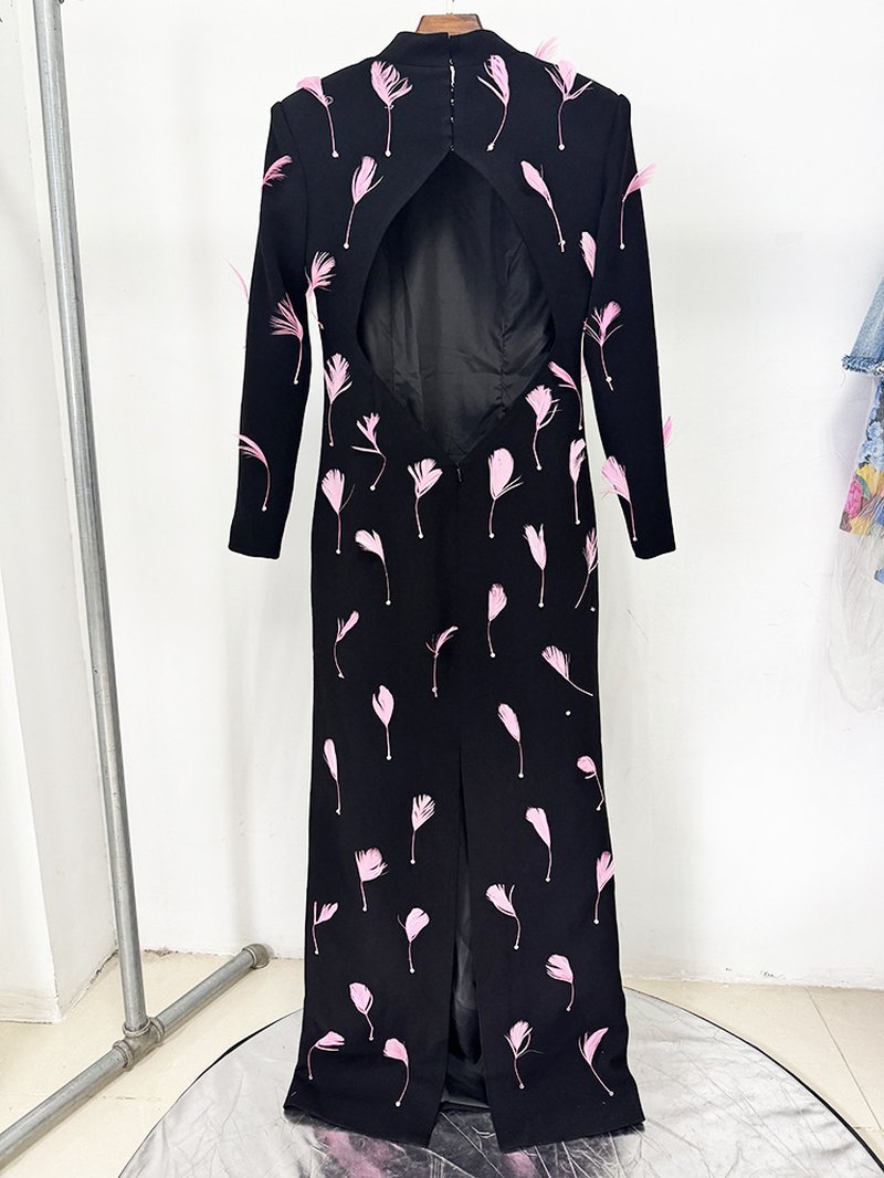 Pink Feather Embellished Black Maxi Dress H6771