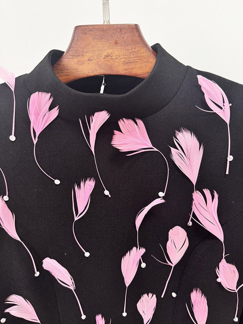 Pink Feather Embellished Black Maxi Dress H6771