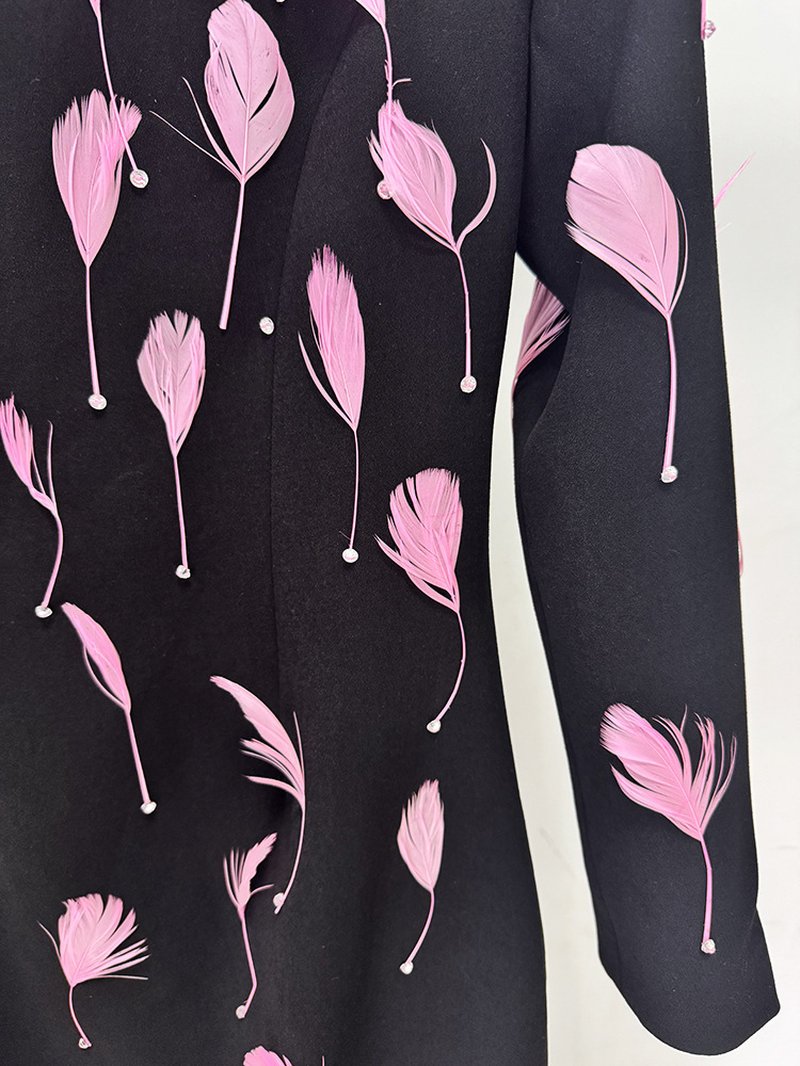 Pink Feather Embellished Black Maxi Dress H6771