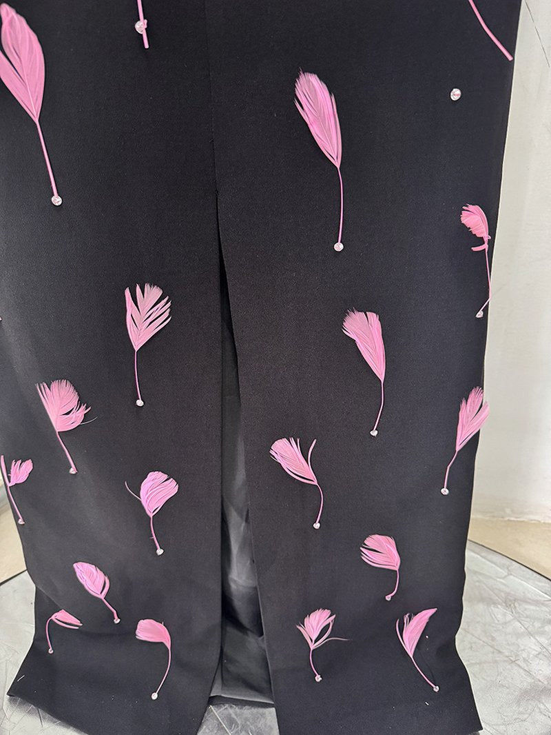 Pink Feather Embellished Black Maxi Dress H6771