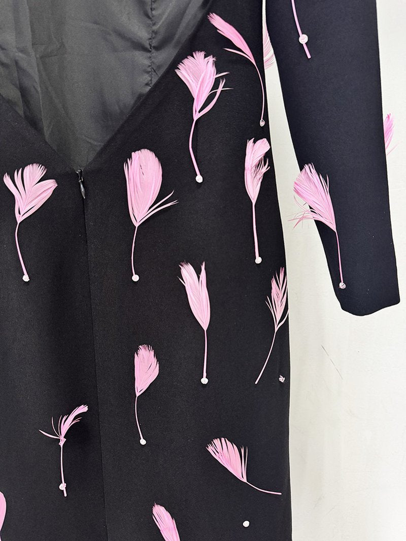 Pink Feather Embellished Black Maxi Dress H6771