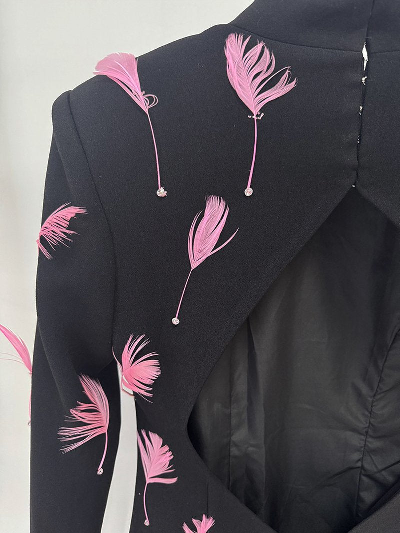 Pink Feather Embellished Black Maxi Dress H6771