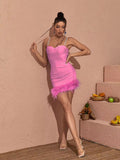 Pink Feather Hem Strapless Bodycon Dress H6017