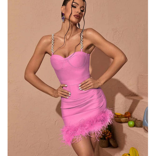 Pink Feather Hem Strapless Bodycon Dress H6017