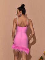 Pink Feather Hem Strapless Bodycon Dress H6017