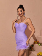 Pink Feather Hem Strapless Bodycon Dress H6017