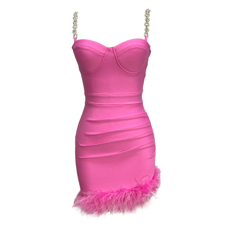 Pink Feather Hem Strapless Bodycon Dress H6017