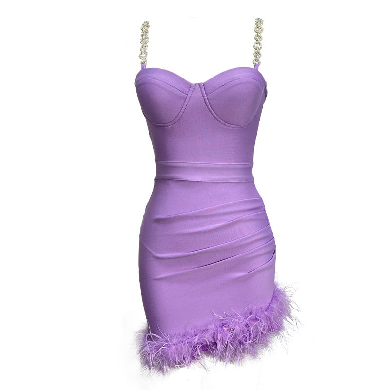 Pink Feather Hem Strapless Bodycon Dress H6017