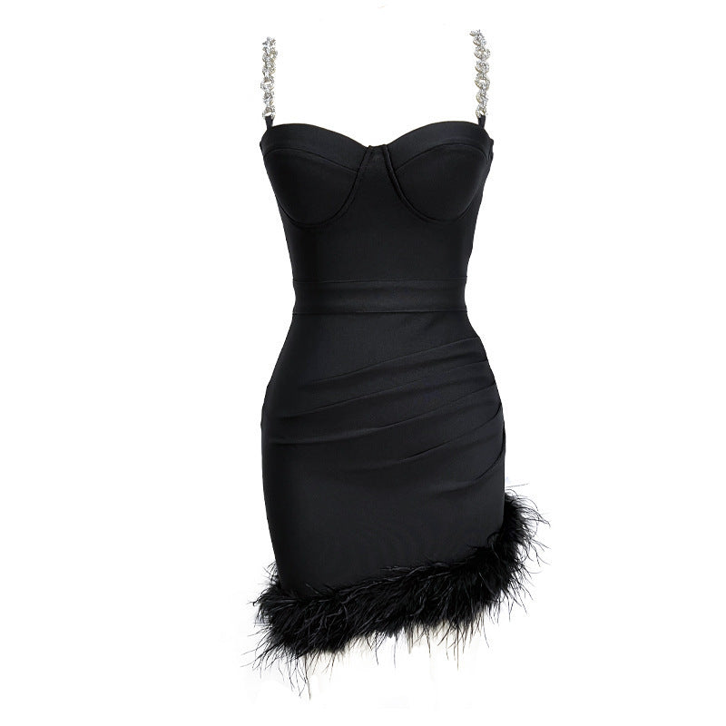 Pink Feather Hem Strapless Bodycon Dress H6017