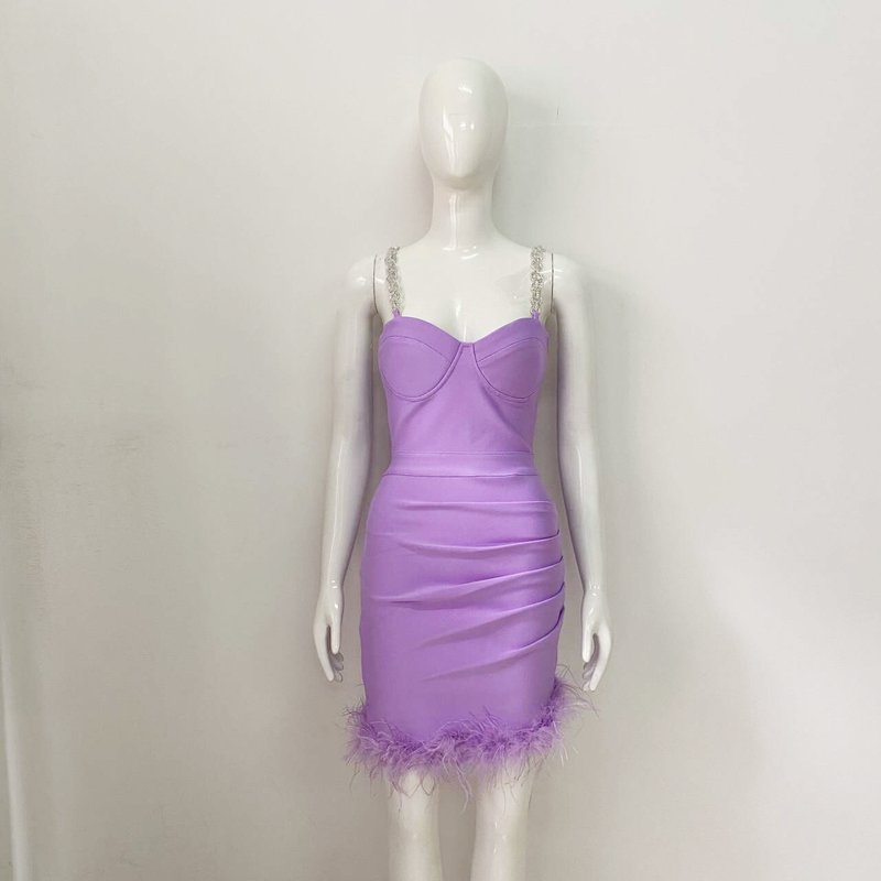 Pink Feather Hem Strapless Bodycon Dress H6017