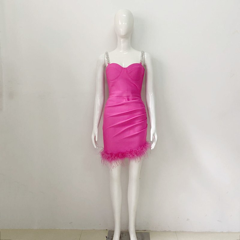Pink Feather Hem Strapless Bodycon Dress H6017
