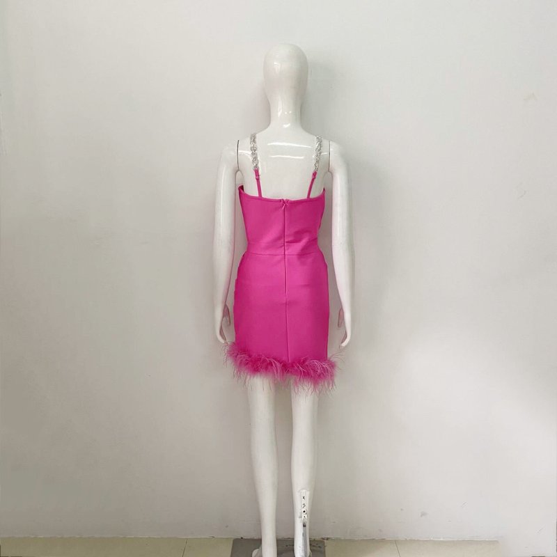 Pink Feather Hem Strapless Bodycon Dress H6017