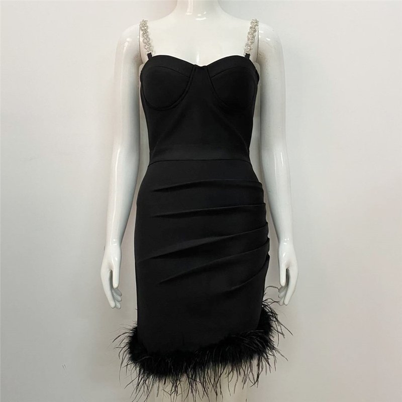 Pink Feather Hem Strapless Bodycon Dress H6017