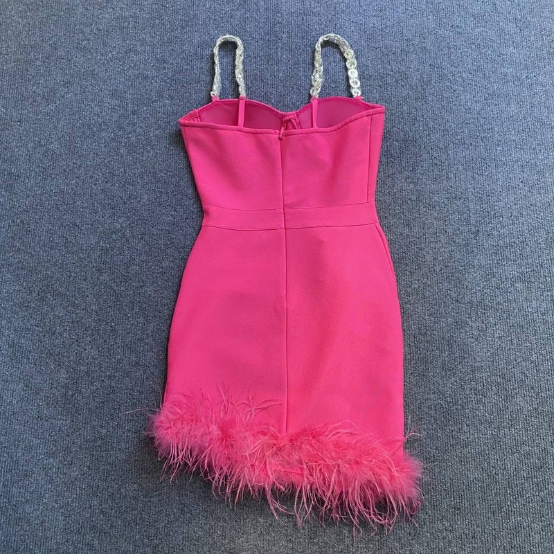 Pink Feather Hem Strapless Bodycon Dress H6017