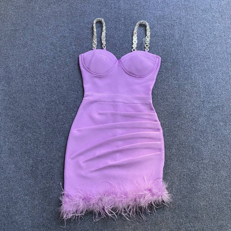 Pink Feather Hem Strapless Bodycon Dress H6017