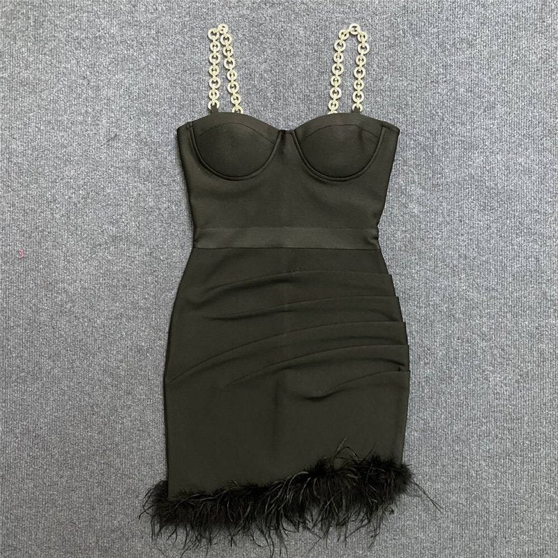 Pink Feather Hem Strapless Bodycon Dress H6017