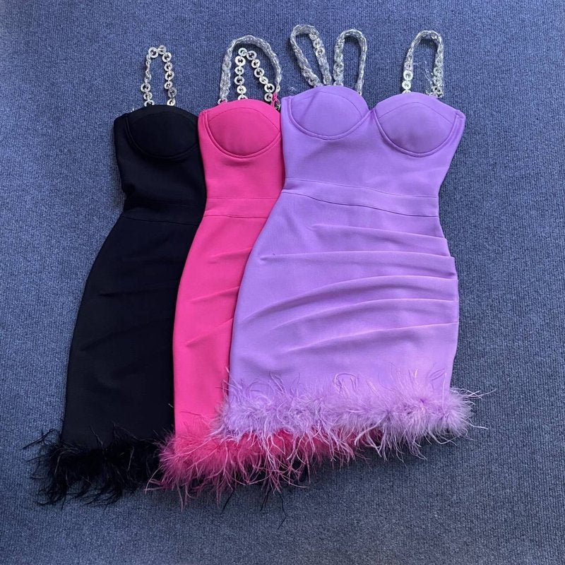 Pink Feather Hem Strapless Bodycon Dress H6017