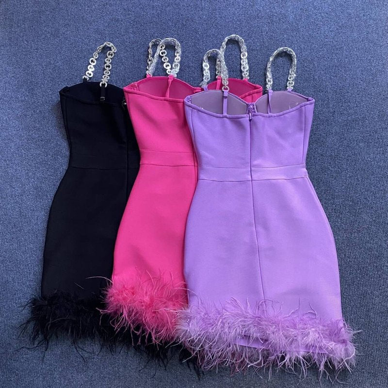 Pink Feather Hem Strapless Bodycon Dress H6017