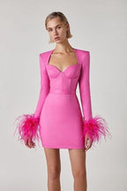 Pink Feather Sleeve Bandage Dress H5383