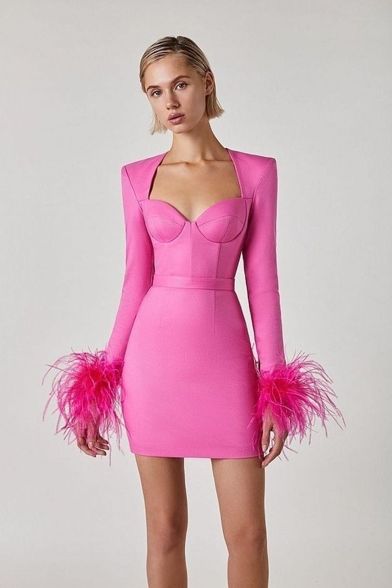 Pink Feather Sleeve Bandage Dress H5383