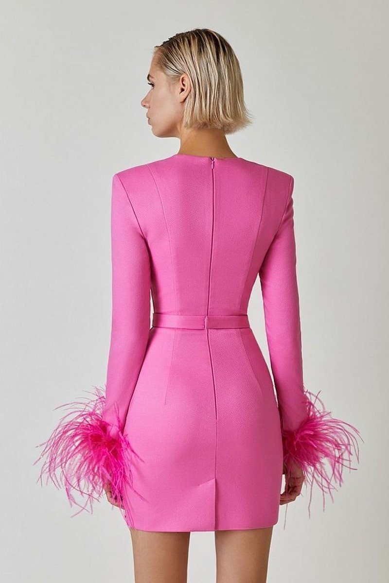 Pink Feather Sleeve Bandage Dress H5383