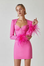 Pink Feather Sleeve Bandage Dress H5383