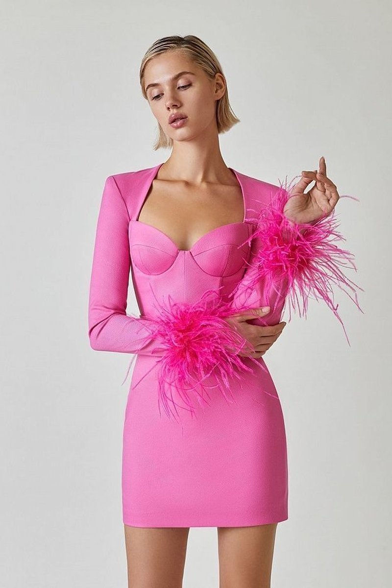 Pink Feather Sleeve Bandage Dress H5383