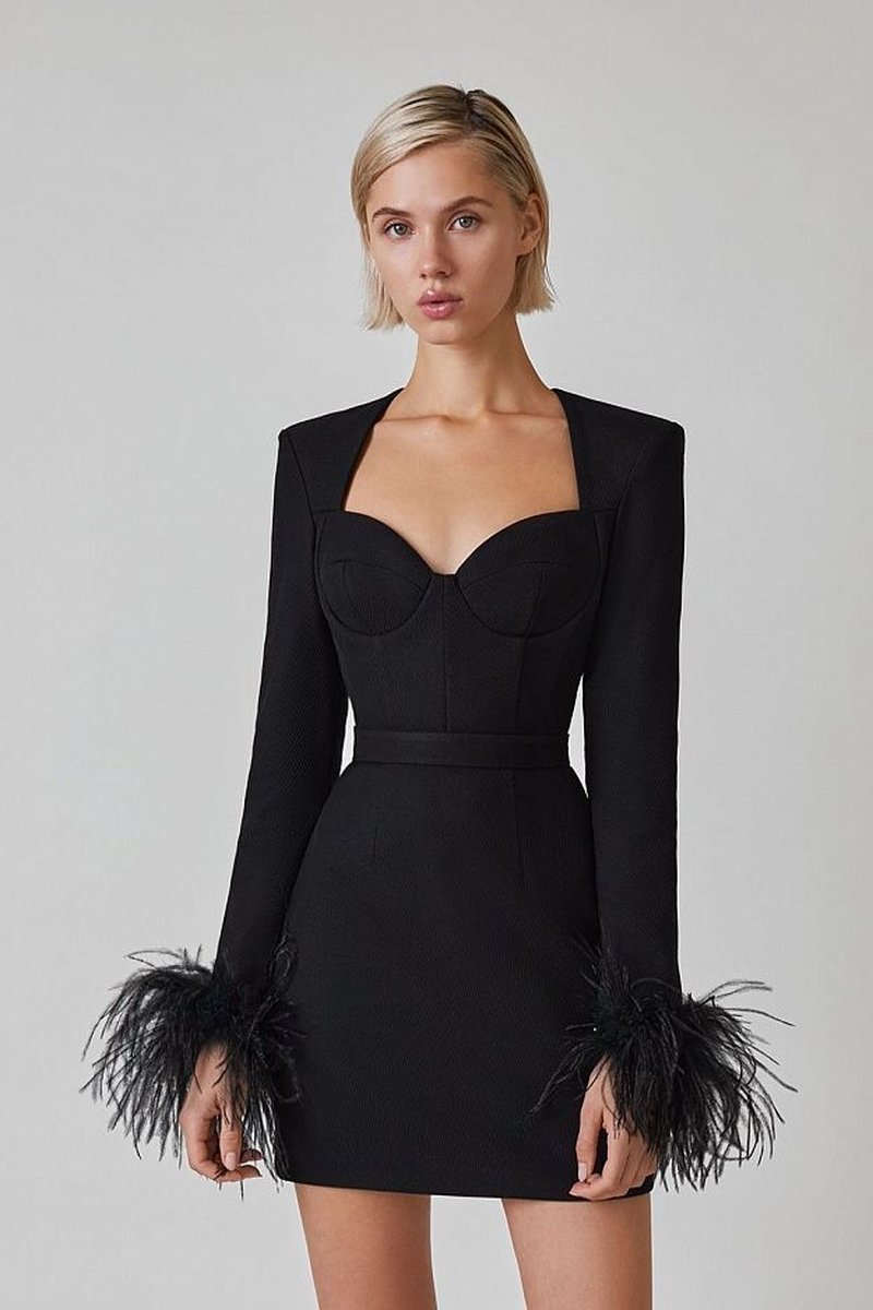 Pink Feather Sleeve Bandage Dress H5383
