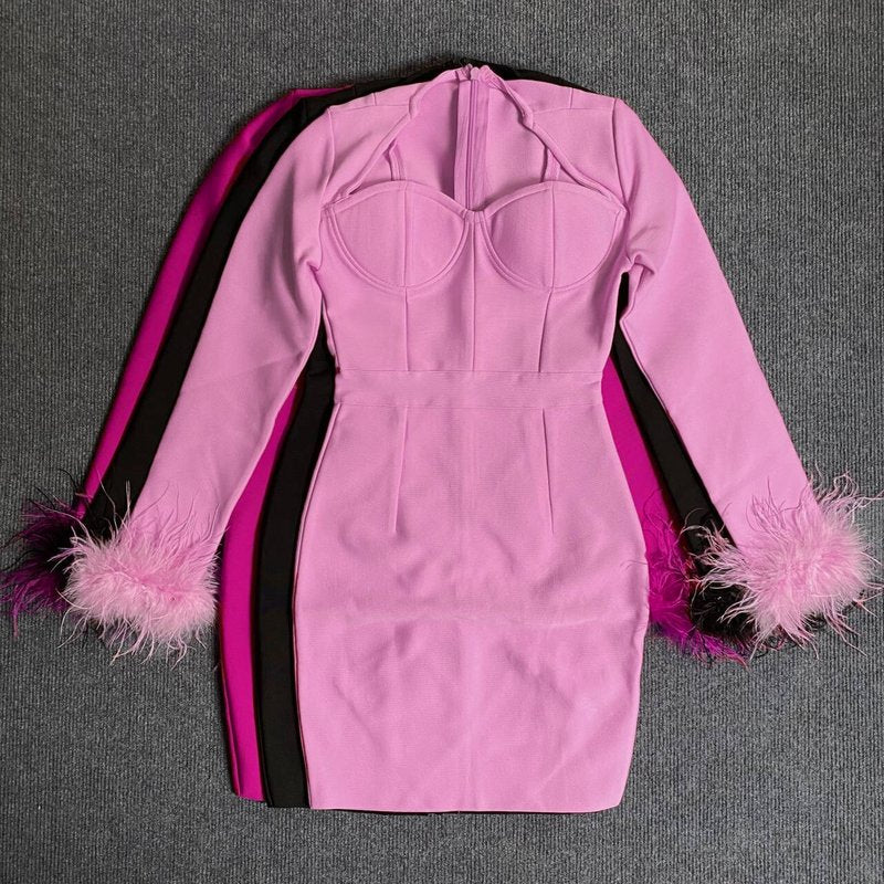 Pink Feather Sleeve Bandage Dress H5383