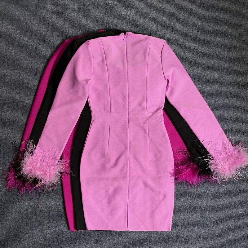 Pink Feather Sleeve Bandage Dress H5383