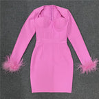 Pink Feather Sleeve Bandage Dress H5383