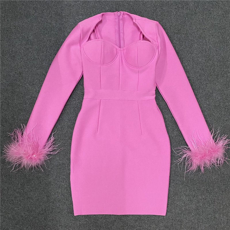Pink Feather Sleeve Bandage Dress H5383