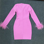 Pink Feather Sleeve Bandage Dress H5383