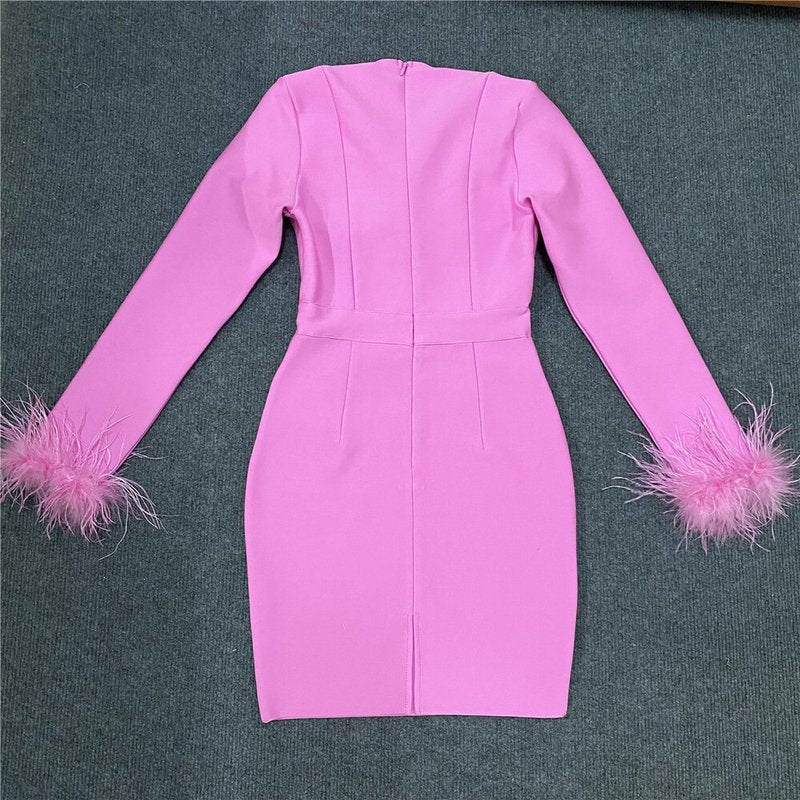 Pink Feather Sleeve Bandage Dress H5383