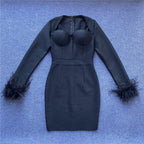 Pink Feather Sleeve Bandage Dress H5383