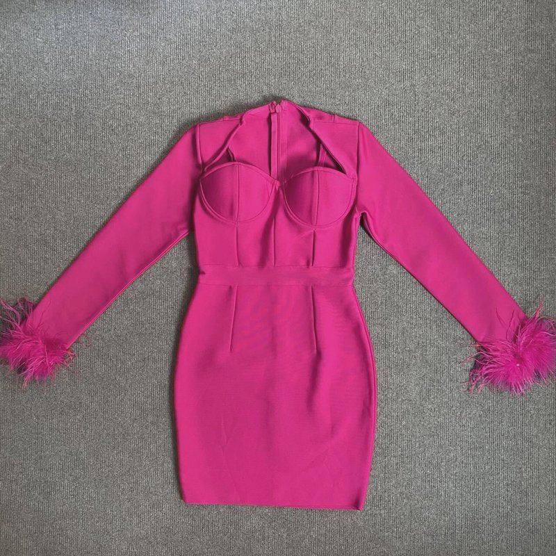 Pink Feather Sleeve Bandage Dress H5383