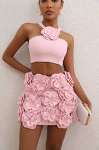 Pink Floral Embellished Crop Top & Skirt Set H6335