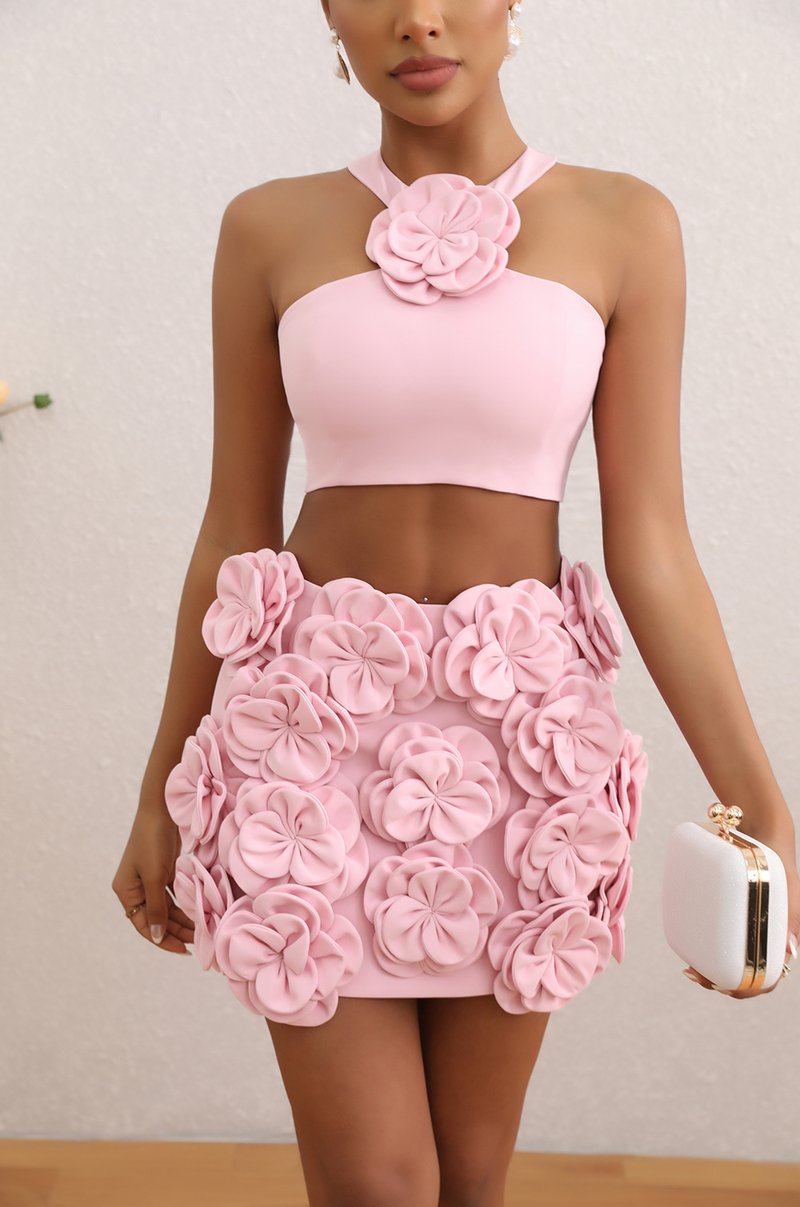 Pink Floral Embellished Crop Top & Skirt Set H6335