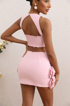 Pink Floral Embellished Crop Top & Skirt Set H6335