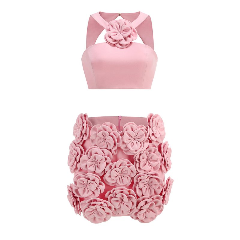 Pink Floral Embellished Crop Top & Skirt Set H6335