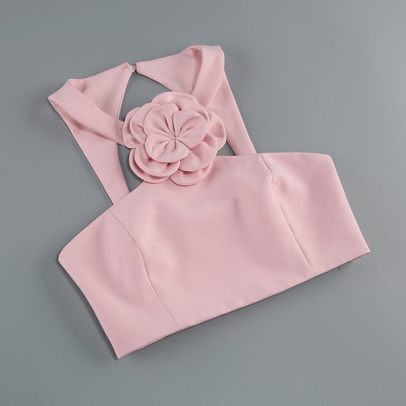 Pink Floral Embellished Crop Top & Skirt Set H6335