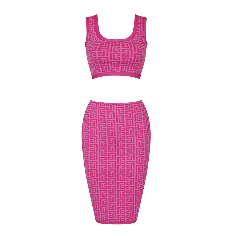 Pink Geometric Print Crop Top & Pencil Skirt Set H3603
