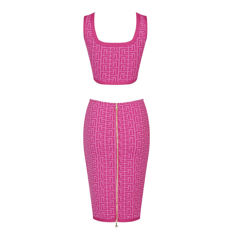Pink Geometric Print Crop Top & Pencil Skirt Set H3603