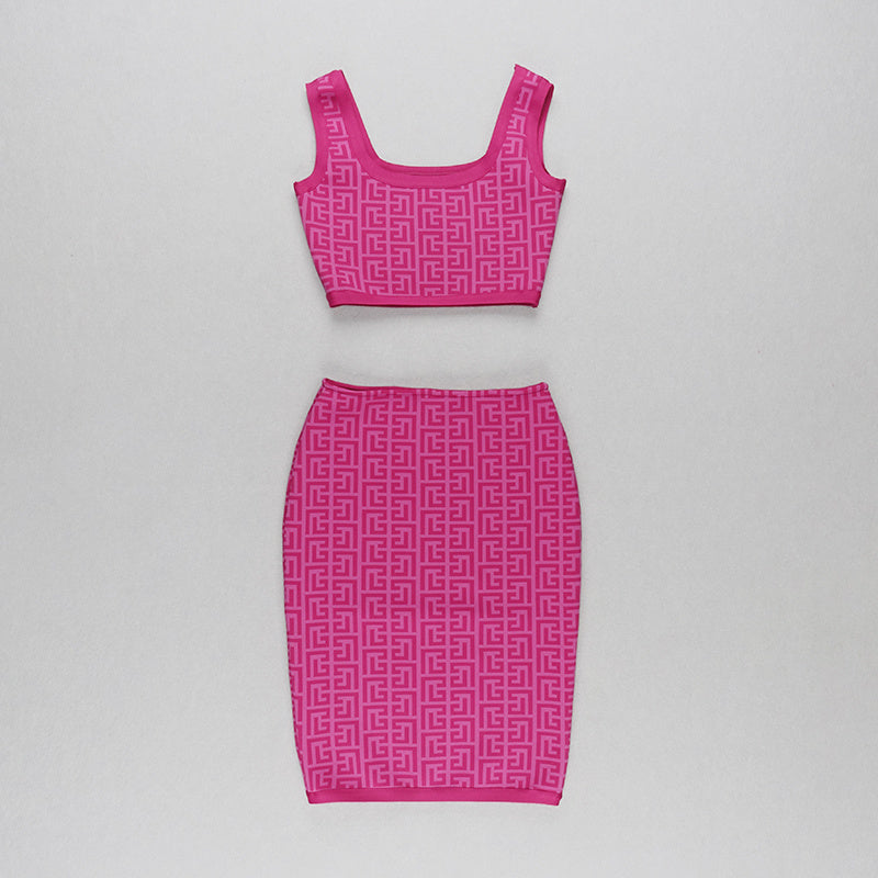 Pink Geometric Print Crop Top & Pencil Skirt Set H3603